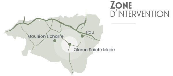 infographie présentant la zone d'intervention de l'entreprise NA Concept : Oloron-Sainte-Marie – Mauléon-Licharre - Pau 