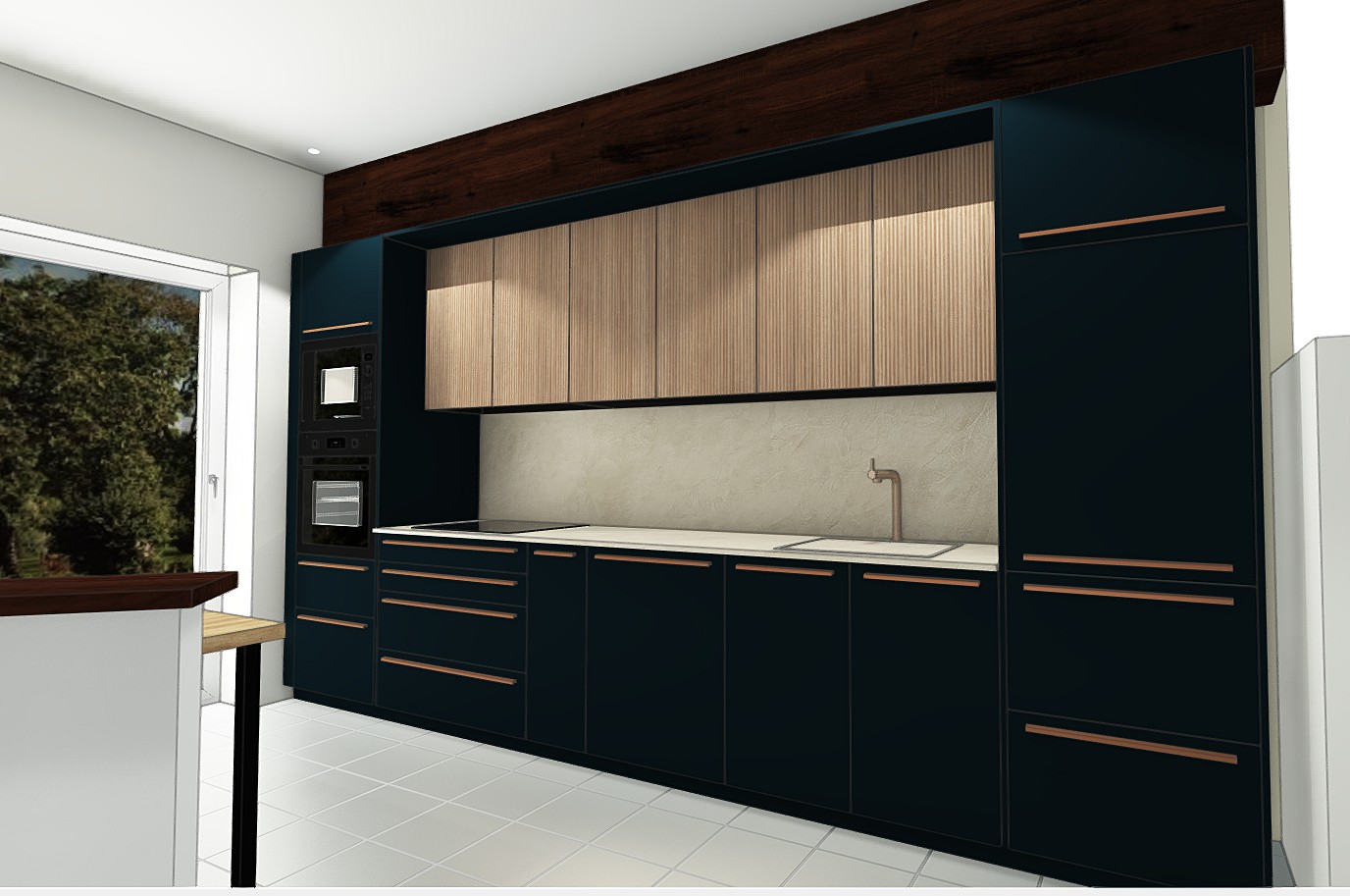 Modélisation 3D pour un projet d'aménagement de cuisine bleu nuit avec meubles hauts en bois rainuré, proposée par NA Concept à Mauléon-Licharre.
